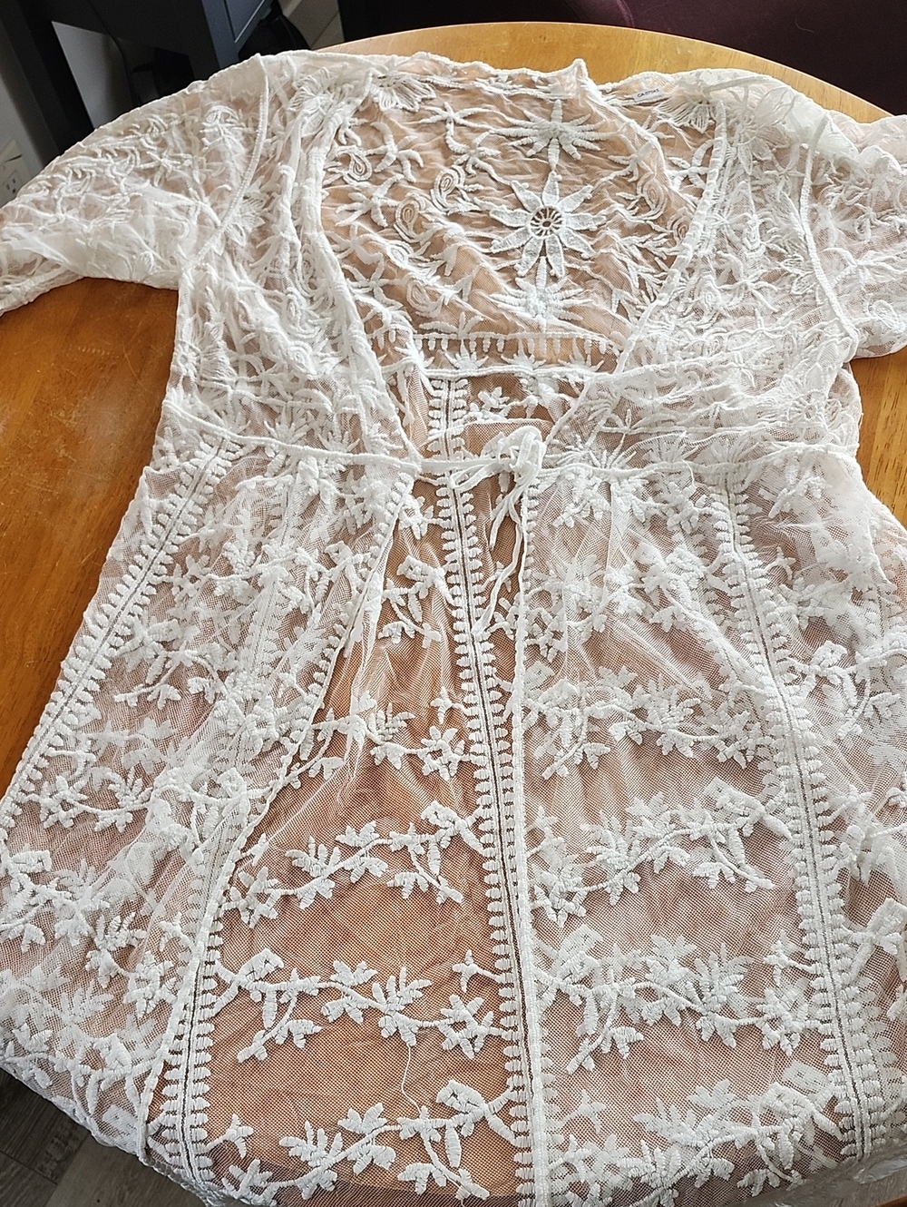 NWT Sheer White Embroidered Maxi Dress Cover Up Sun Floral Boho Beach Kimono - Picture 8 of 8